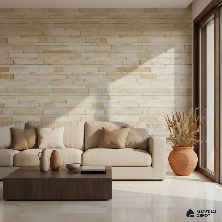Minimalist living room with beige stone cladding wall and cream marble floor tile in Bengaluru