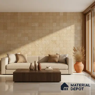 Minimalist living room with beige stone wall tiles and wooden coffee table in Bengaluru
