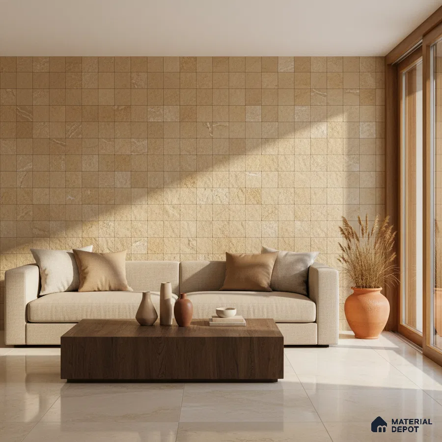 Minimalist living room with beige stone wall tiles and wooden coffee table in Bengaluru