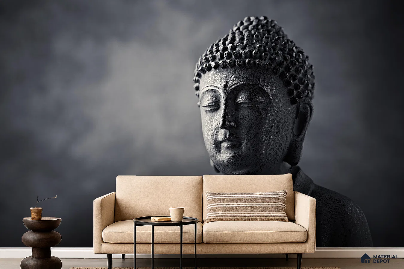 Minimalist living room with Buddha mural wallpaper and beige fabric sofa in Bengaluru