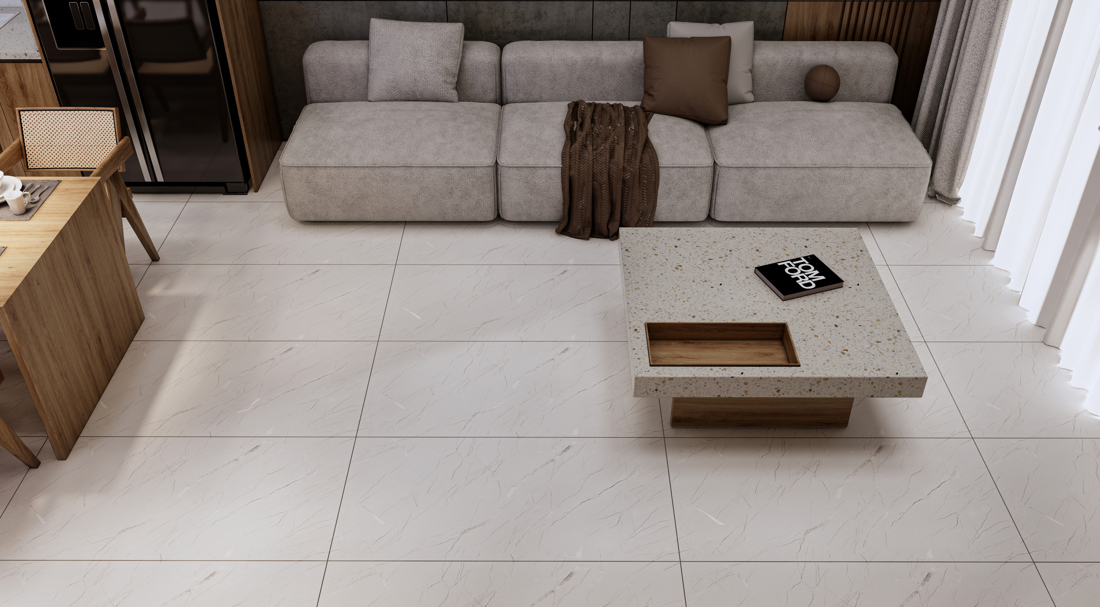 Minimalist Living Room with Cream Textured Tiles | Material Depot