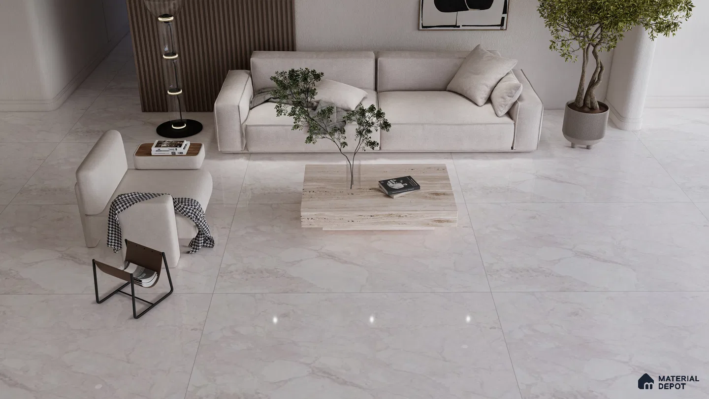 Minimalist Living Room with Elegant Grey Marble Look Tiles | Material Depot