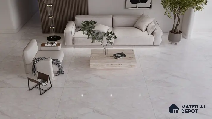 Minimalist Living Room with Elegant Grey Marble Look Tiles | Material Depot