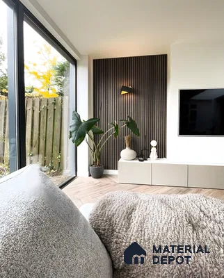 Minimalist Living Room with Fluted Accent Wall and Natural Lighting | Material Depot