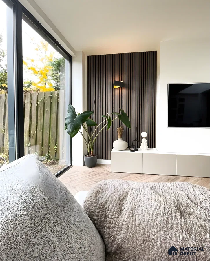 Minimalist Living Room with Fluted Accent Wall and Natural Lighting | Material Depot