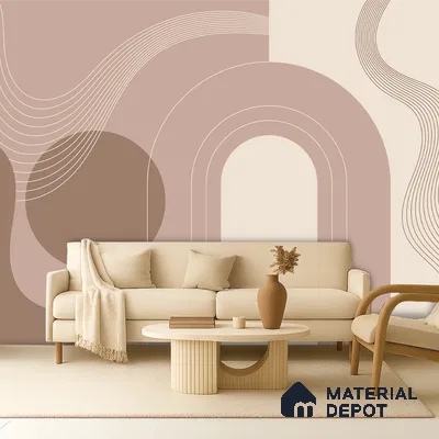 Minimalist living room with geometric abstract wallpaper and beige upholstery in Bengaluru