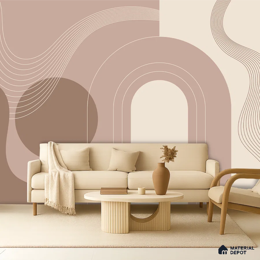 Minimalist living room with geometric abstract wallpaper and beige upholstery in Bengaluru