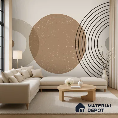 Minimalist living room with geometric abstract wallpaper, beige upholstery, and light wood coffee table in Bengaluru