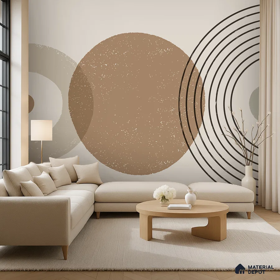 Minimalist living room with geometric abstract wallpaper, beige upholstery, and light wood coffee table in Bengaluru