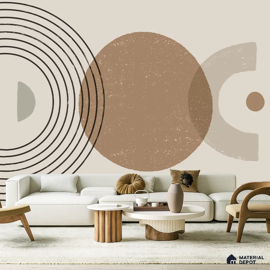 Minimalist living room with geometric abstract wallpaper, light wood tables, and cream upholstery in Bengaluru