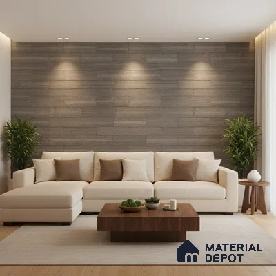 Minimalist living room with grey wood wall panels and light oak flooring in Bengaluru