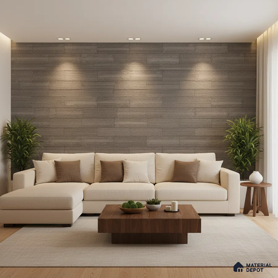 Minimalist living room with grey wood wall panels and light oak flooring in Bengaluru