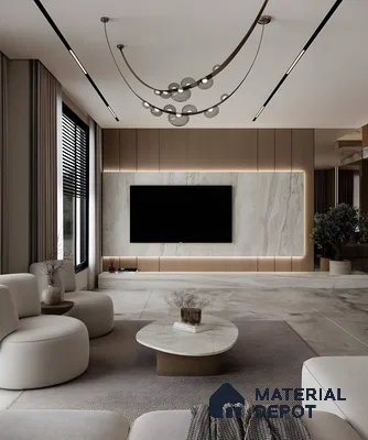 Minimalist Living Room With Marble-Backed Tv Unit And Cove Lighting In A Warm Beige Palette | Material Depot