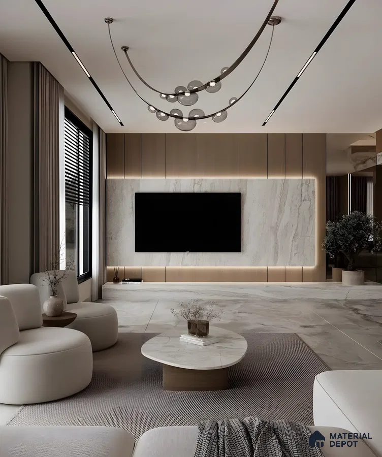 Minimalist Living Room With Marble-Backed Tv Unit And Cove Lighting In A Warm Beige Palette | Material Depot