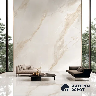 Minimalist Living Room with Marble-Look Tiles and Floor-to-Ceiling Windows | Material Depot