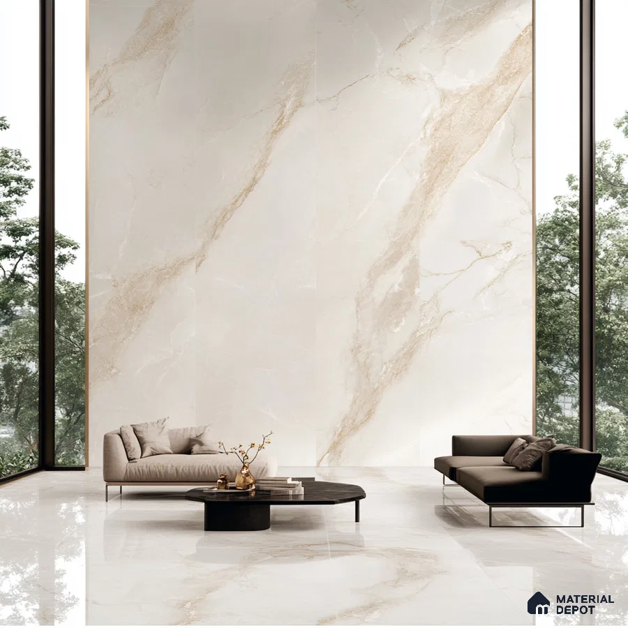 Minimalist Living Room with Marble-Look Tiles and Floor-to-Ceiling Windows | Material Depot