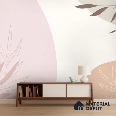 Minimalist living room with pastel abstract wallpaper and walnut wood console in Bengaluru