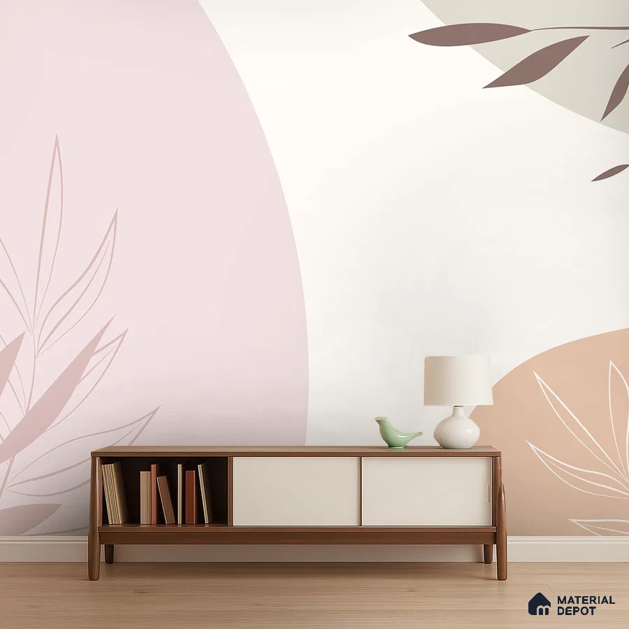 Minimalist living room with pastel abstract wallpaper and walnut wood console in Bengaluru