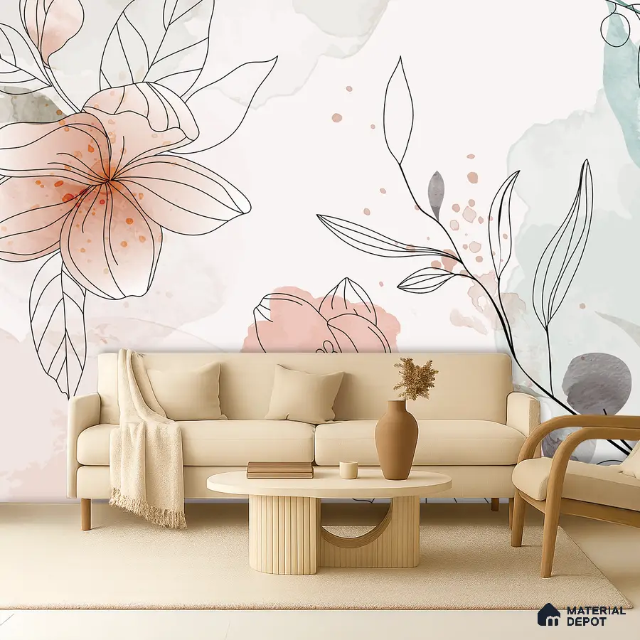 Minimalist living room with pastel floral wallpaper and beige fabric sofa in Bengaluru