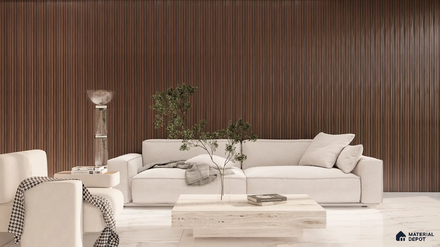 Minimalist Living Room with Rich Brown Fluted Wall | Material Depot