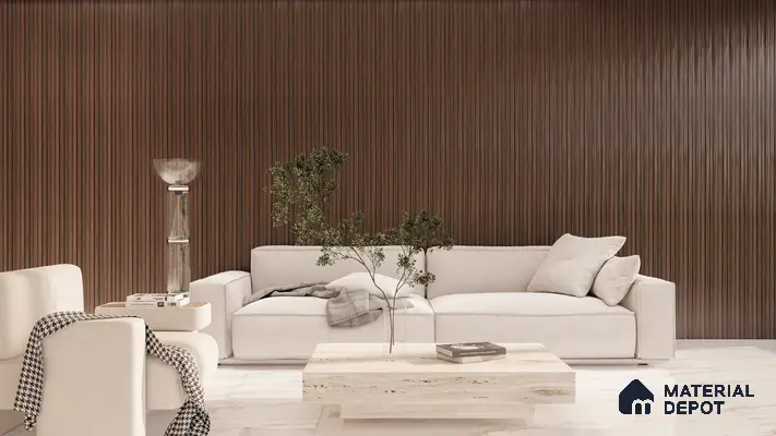Minimalist Living Room with Rich Brown Fluted Wall | Material Depot