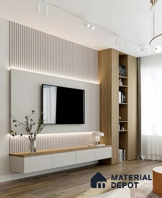 Minimalist TV Unit with Slatted Wall and Built-in Shelving | Material Depot