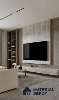 Minimalist Living Room With Stone & Wood Tv Unit | Material Depot