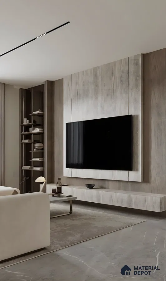 Minimalist Living Room With Stone & Wood Tv Unit | Material Depot