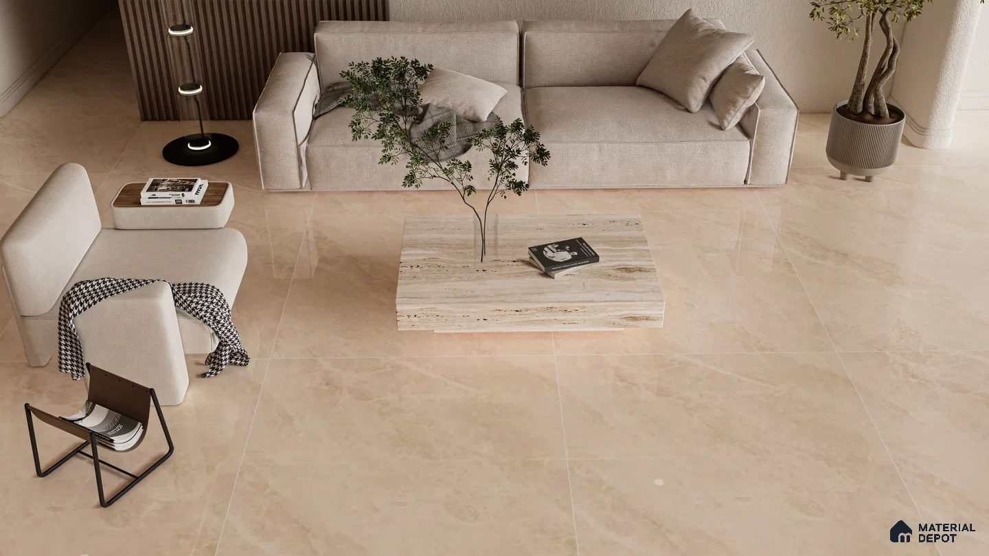 Minimalist Living Room with Warm Creamy Beige Marble Look Flooring | Material Depot