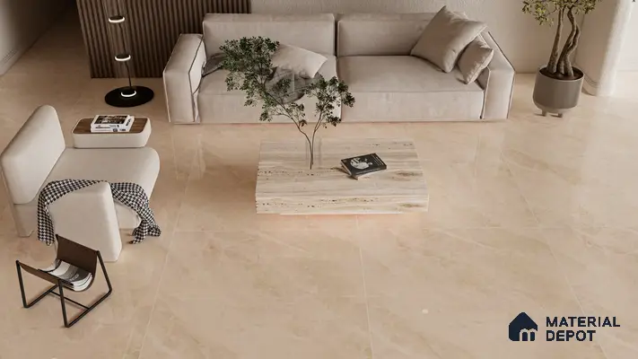 Minimalist Living Room with Warm Creamy Beige Marble Look Flooring | Material Depot