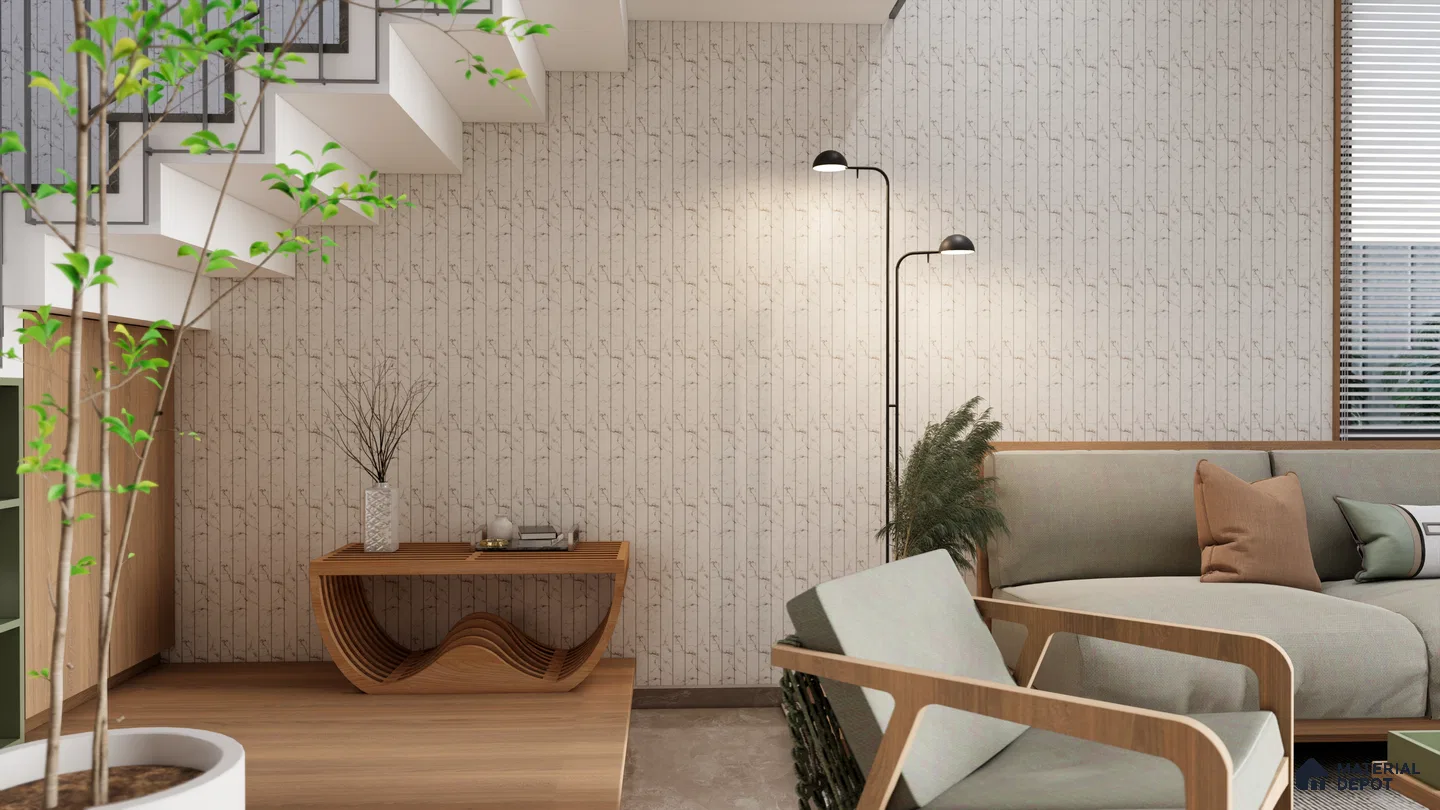 Minimalist Living Room with White Fluted Panel Wall Under Staircase | Material Depot