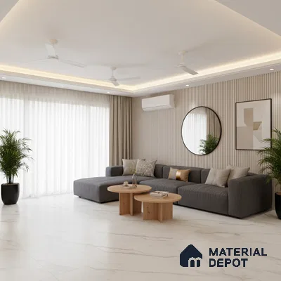 Minimalist living room with white marble floor tiles and beige fluted wall panels in Bengaluru