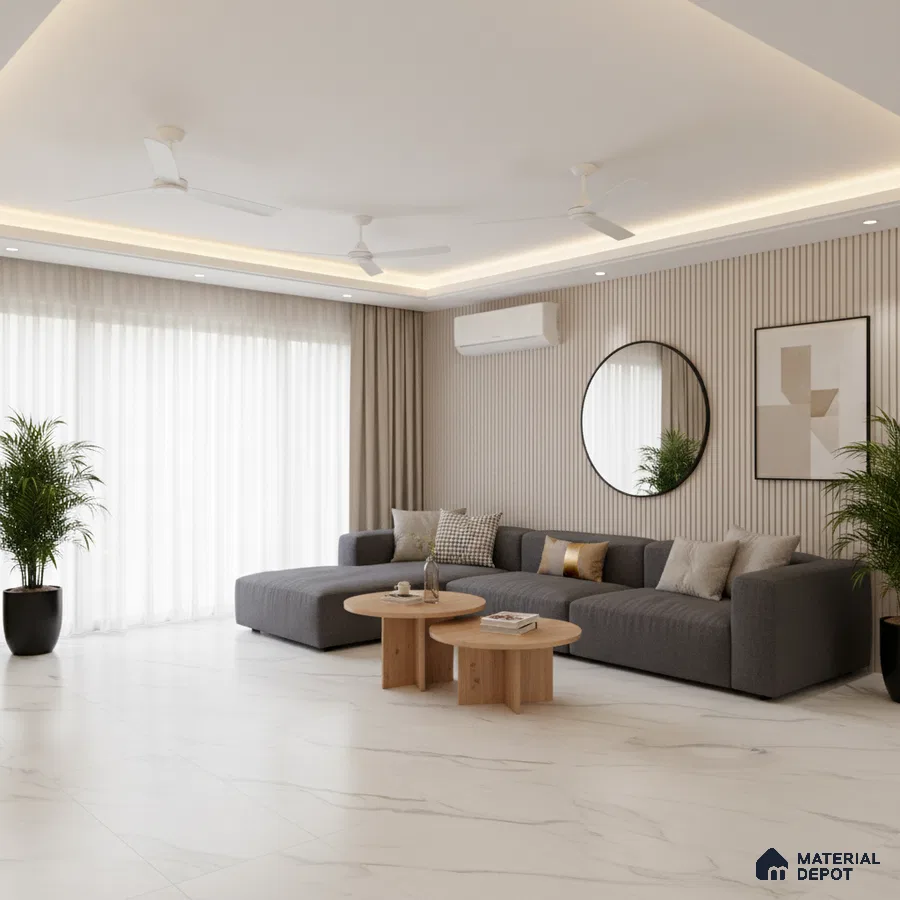 Minimalist living room with white marble floor tiles and beige fluted wall panels in Bengaluru
