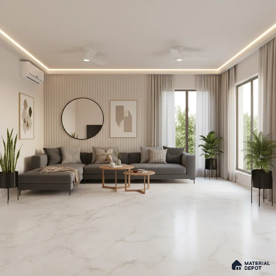 Minimalist living room with white marble floor tiles and beige fluted wall panels in Bengaluru