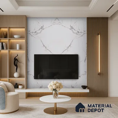 Modern Living Room with Flowing Pattern Marble TV Wall and Ambient Lighting | Material Depot