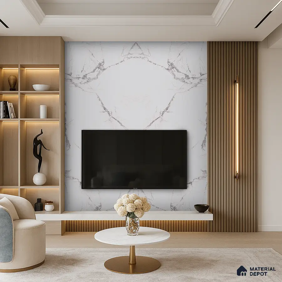 Modern Living Room with Flowing Pattern Marble TV Wall and Ambient Lighting | Material Depot