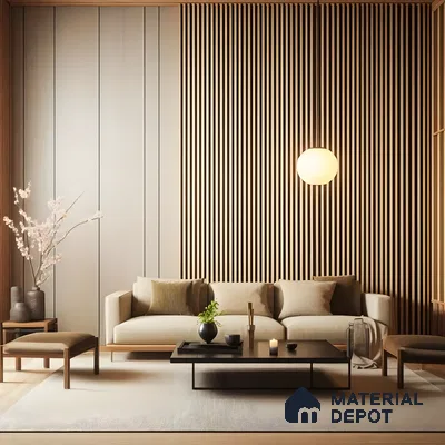 Minimalist Living Room with Wood Paneling and Natural Elements | Material Depot