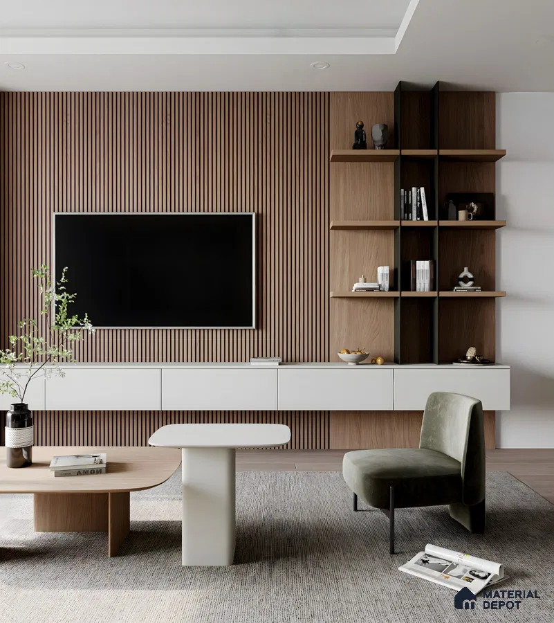 Minimalist TV Unit with Wood-Paneled Accent Wall | Material Depot