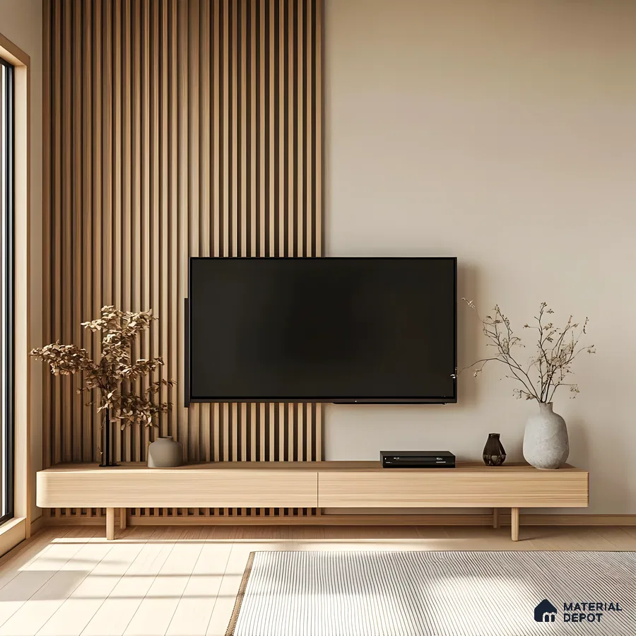 Minimalist TV Unit with Wood-Paneled Accent Wall | Material Depot