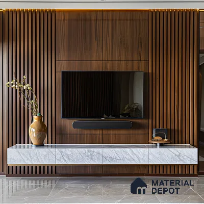 Minimalist TV Unit with Wood-Paneled Accent Wall and Marble Console | Material Depot
