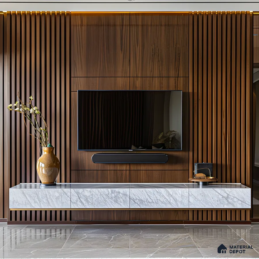 Minimalist TV Unit with Wood-Paneled Accent Wall and Marble Console | Material Depot