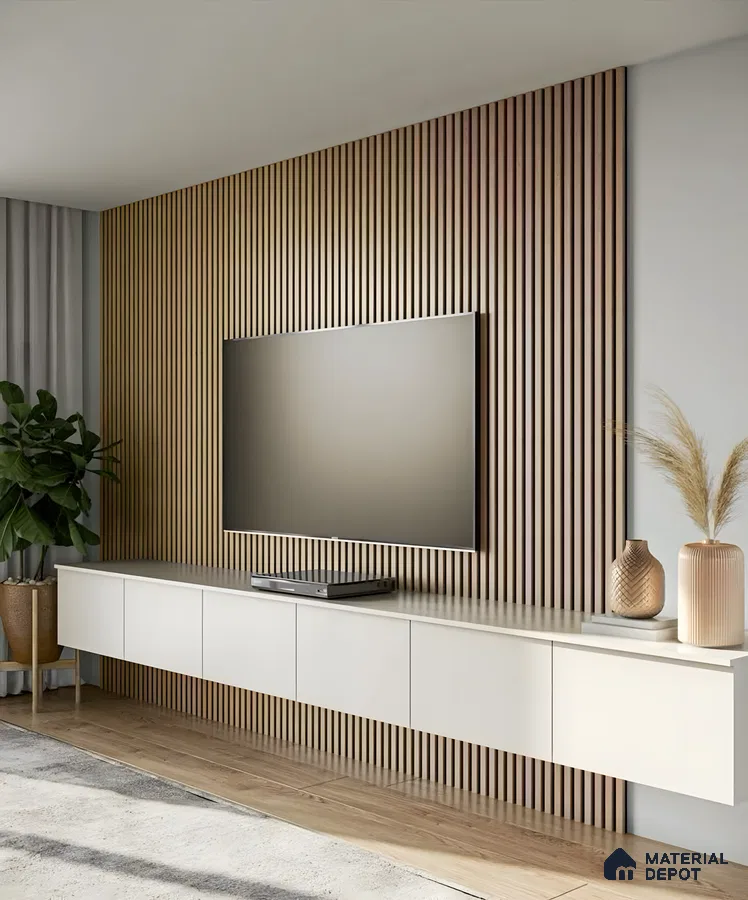 Minimalist TV Unit with Wood-Paneled Accent Wall and Neutral Decor | Material Depot