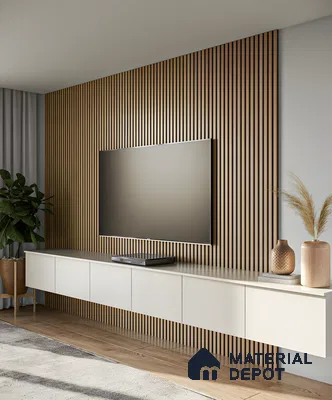 Minimalist TV Unit with Wood-Paneled Accent Wall and Neutral Tones | Material Depot