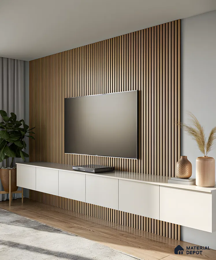 Minimalist TV Unit with Wood-Paneled Accent Wall and Neutral Tones | Material Depot