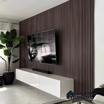 Minimalist TV Unit with Wood-Paneled Accent Wall and Neutral Tones | Material Depot