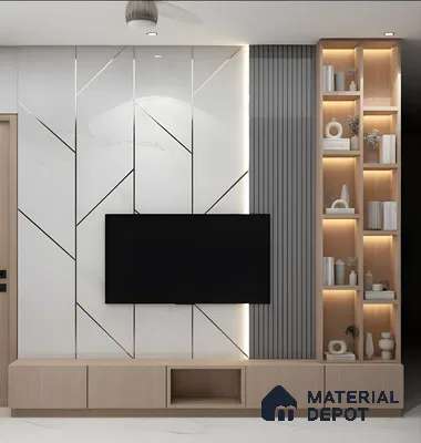Minimalist Marble And Wood Tv Wall With Warm-Lit Display Shelves | Material Depot
