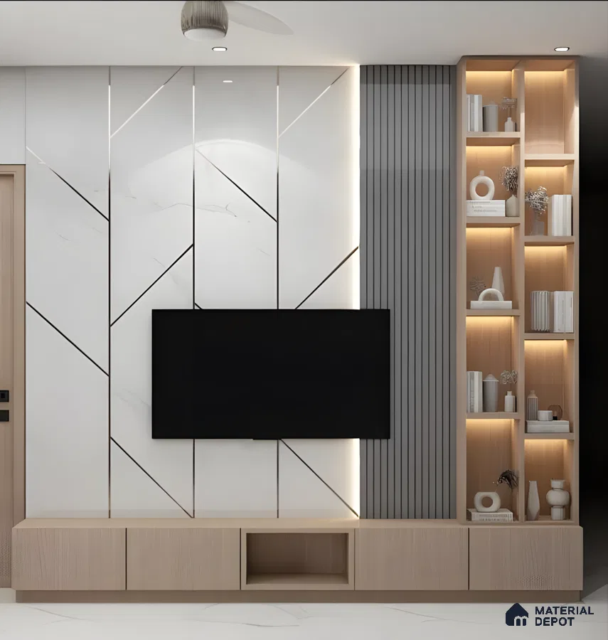 Minimalist Marble And Wood Tv Wall With Warm-Lit Display Shelves | Material Depot