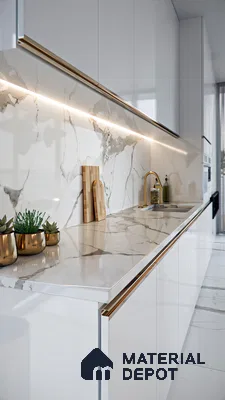 Minimalist Marvel: Modern Kitchen with Marble Backsplash | Material Depot