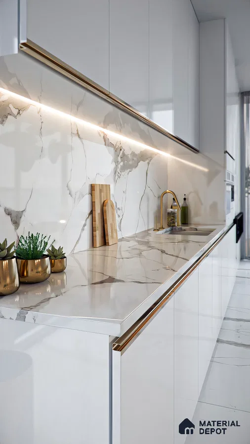 Minimalist Marvel: Modern Kitchen with Marble Backsplash | Material Depot