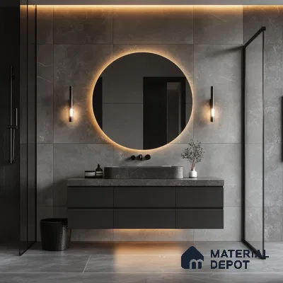 Minimalist Mastery: Sleek and Modern Bathroom with Circle Backlight Mirror and Gray Tones | Material Depot